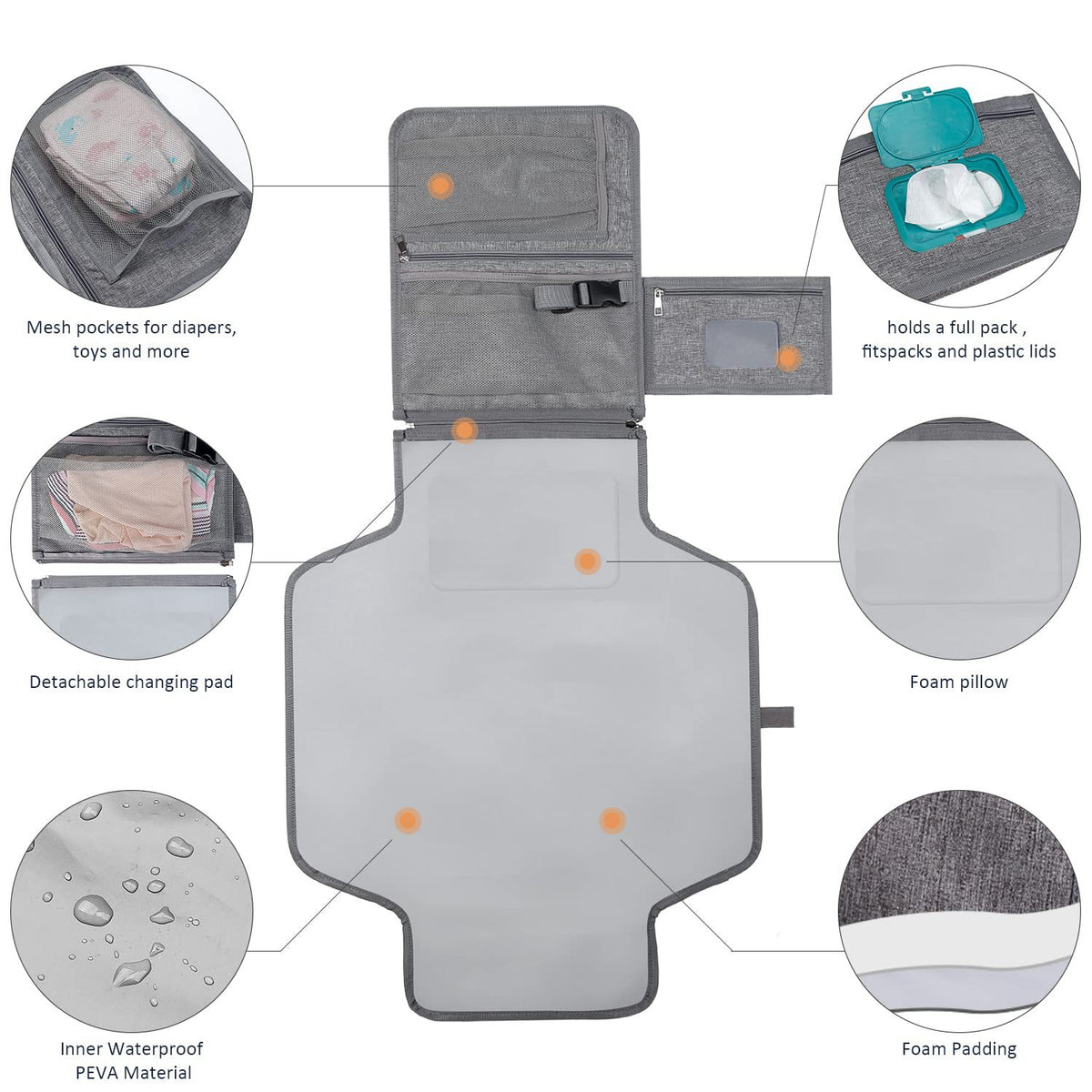 Portable Waterproof Diaper Changing Mat with Pockets