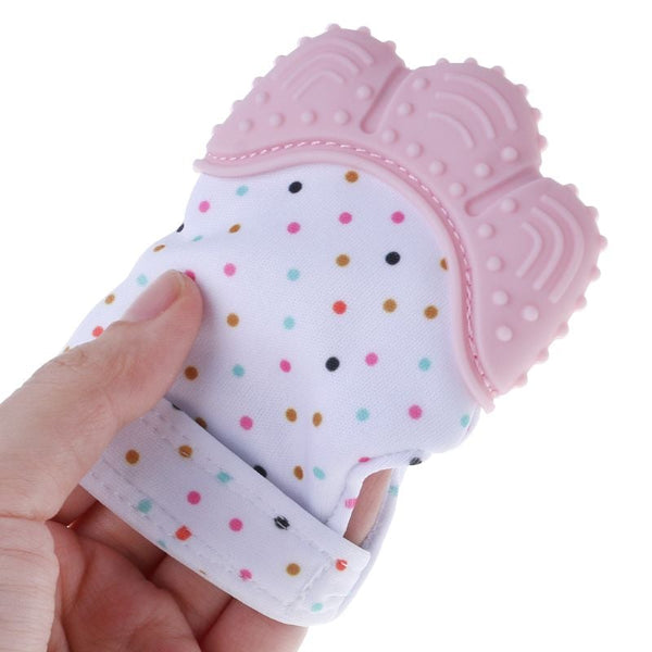 Soft BPA-free baby teether mitten glove toy for soothing teething pain